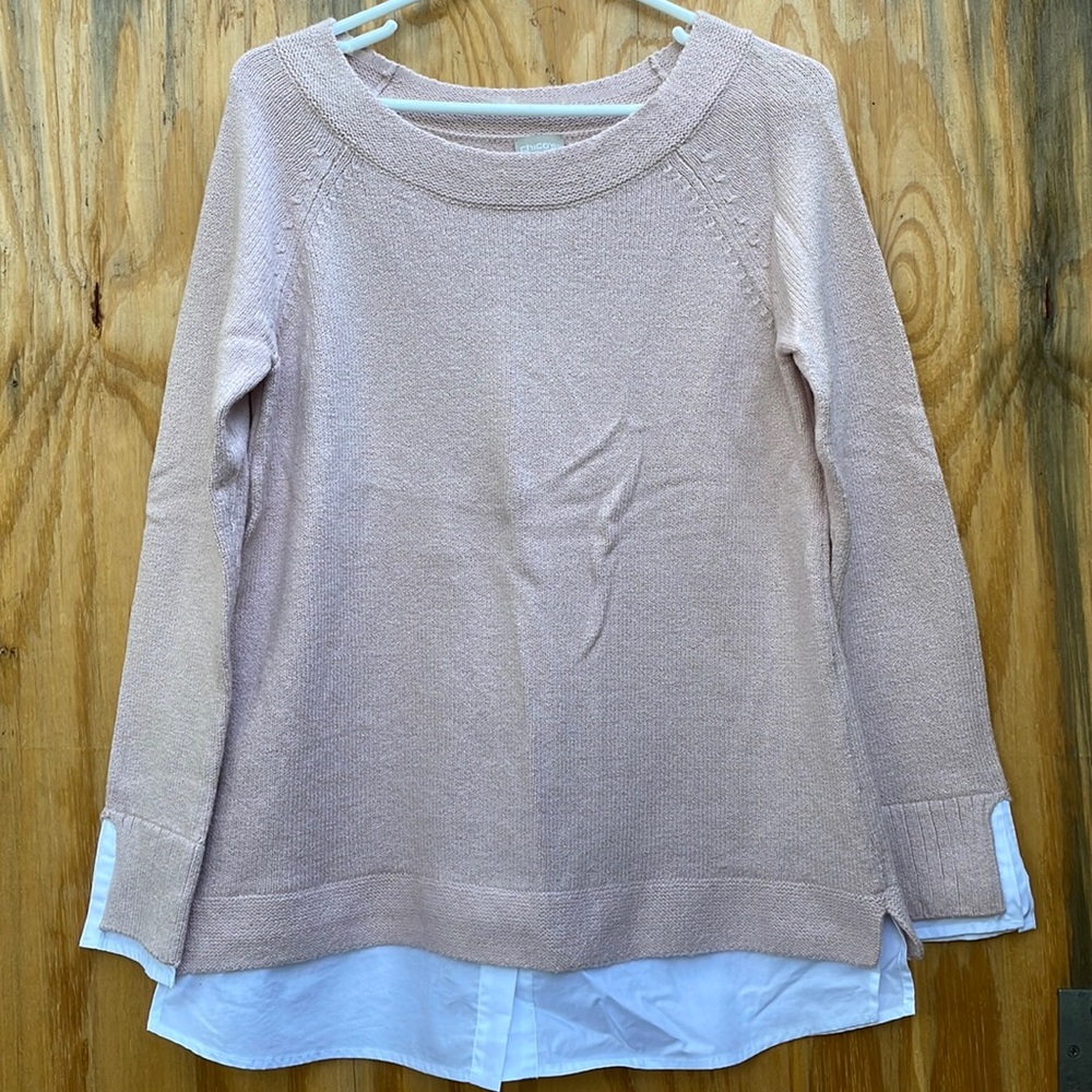 Chico’s Pullover Sweater Knit Woven Boat Neck Sweater LS Fashion Venetian Pink